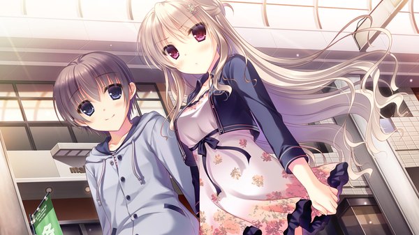 Anime picture 1024x576 with kimi e okuru, sora no hana nasuhara hinagiku yukie (peach candy) long hair blush short hair blue eyes black hair red eyes wide image game cg white hair couple girl dress boy hair ornament hairclip