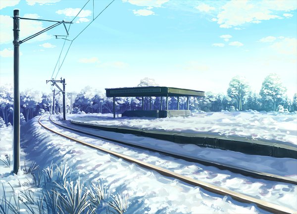 Anime picture 2000x1445 with original dzun highres sky cloud (clouds) winter snow no people space nature village plant (plants) tree (trees) power lines train station