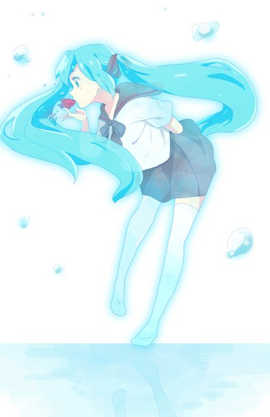 Anime picture 1400x2158 with vocaloid hatsune miku long hair tall image blue eyes standing twintails blue hair looking away kiss girl thighhighs skirt uniform school uniform animal white thighhighs serafuku bubble (bubbles) fish (fishes)