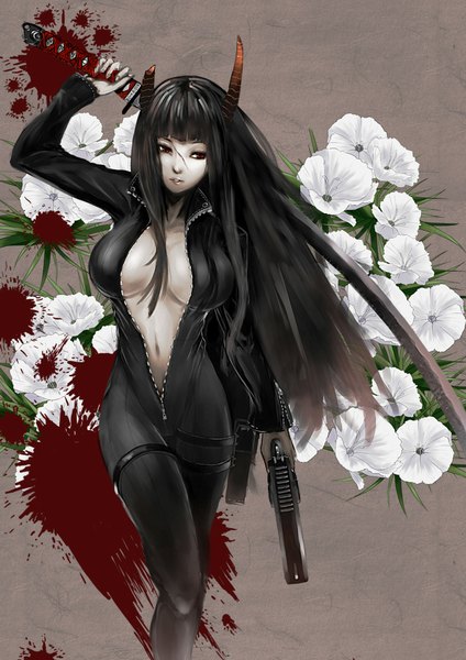 Anime picture 827x1169 with original kuro black single long hair tall image fringe breasts light erotic black hair simple background red eyes large breasts standing holding looking away horn (horns) grey background bare belly facial mark scar