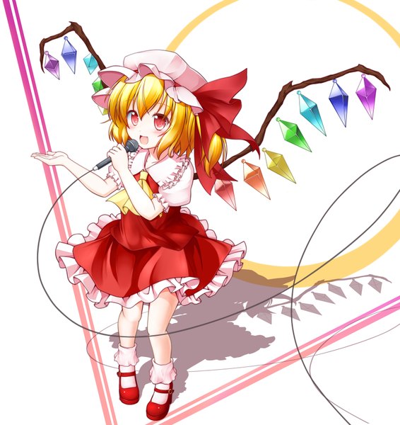 Anime picture 1700x1800 with touhou flandre scarlet aka tawashi single tall image blush short hair open mouth blonde hair red eyes shadow loli singing girl wings socks shoes white socks bonnet microphone