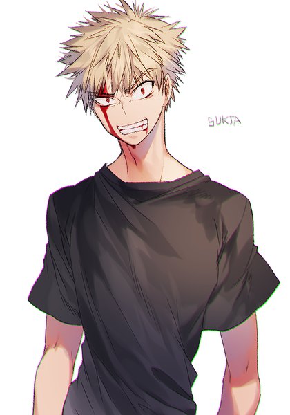 Anime picture 700x1000 with boku no hero academia studio bones bakugou katsuki sorolp single tall image looking at viewer short hair simple background blonde hair smile red eyes white background signed upper body grin angry bleeding boy blood