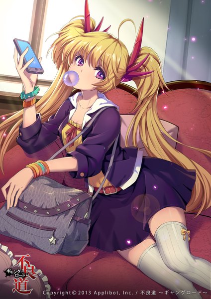 Anime picture 2480x3507 with furyou michi ~gang road~ mo sheng ren single long hair tall image looking at viewer highres blonde hair purple eyes twintails girl thighhighs skirt hair ornament white thighhighs bracelet star (symbol) bag mobile phone