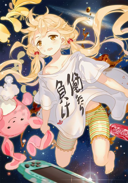 Anime picture 770x1100 with idolmaster idolmaster cinderella girls futaba anzu hoshii hisa long hair tall image looking at viewer open mouth blonde hair twintails bare shoulders holding yellow eyes barefoot inscription bare legs no shoes low twintails flying clothes writing