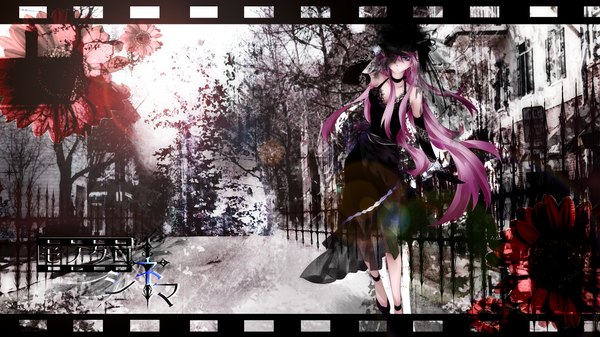 Anime picture 1500x844 with vocaloid megurine luka tyouya single long hair blue eyes wide image bare shoulders pink hair hieroglyph street girl dress gloves flower (flowers) plant (plants) hat earrings tree (trees) elbow gloves