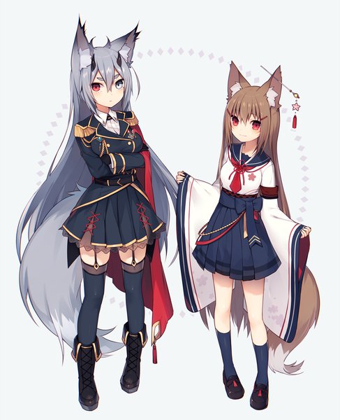 Anime picture 1219x1500 with original muryotaro tall image looking at viewer blush fringe blue eyes simple background smile hair between eyes red eyes brown hair standing multiple girls animal ears payot full body tail very long hair long sleeves