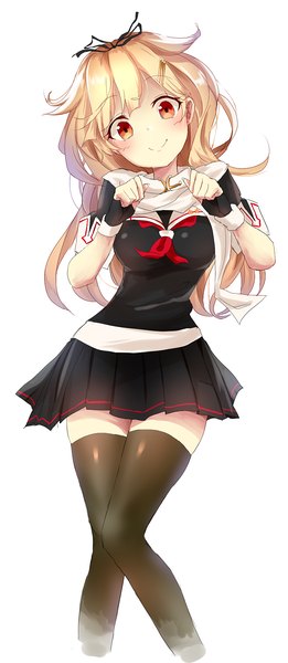 Anime picture 838x1924 with kantai collection yuudachi destroyer yamato (muchuu paradigm) single long hair tall image looking at viewer blush fringe breasts simple background blonde hair smile red eyes standing white background payot bent knee (knees) head tilt pleated skirt