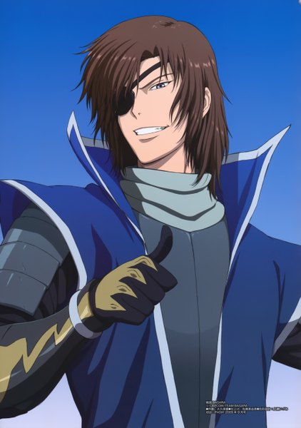 Anime picture 3686x5245 with sengoku basara production i.g date masamune single tall image highres short hair brown hair absurdres inscription grey eyes grin hieroglyph blue background boy armor eyepatch