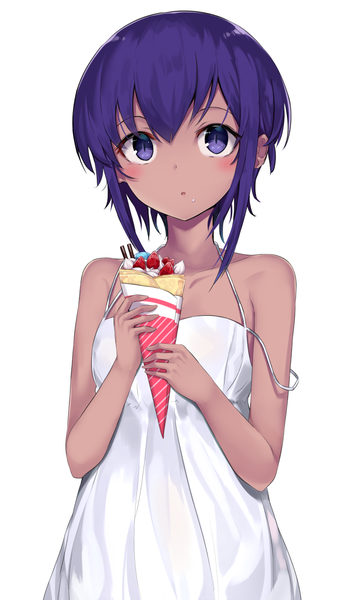 Anime picture 714x1184 with fate (series) fate/prototype hassan of serenity (fate) monobe tsukuri single tall image blush fringe short hair simple background hair between eyes standing white background purple eyes bare shoulders purple hair upper body :o alternate costume dark skin