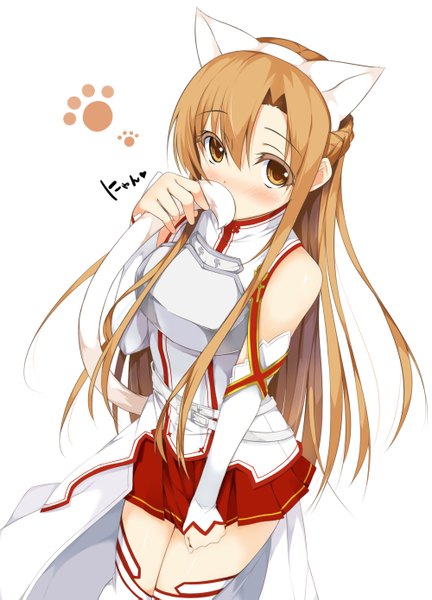 Anime picture 1000x1389 with sword art online a-1 pictures yuuki asuna haru (matatabi sanjou) single long hair tall image blush simple background brown hair white background brown eyes animal ears cat ears cat girl cat tail girl skirt detached sleeves miniskirt