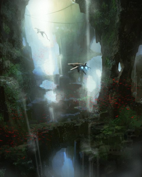Anime picture 800x1000 with original shiohara shin'ichi tall image sunlight flying no people landscape fantasy waterfall animal water bird (birds) dragon aircraft creature vines airship cave cliff