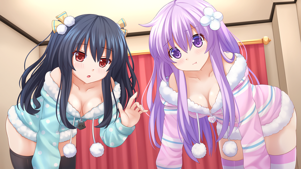 Anime picture 1920x1080 with choujigen game neptune nepgear uni (choujigen game neptune) kazenokaze long hair looking at viewer blush highres breasts open mouth light erotic black hair red eyes wide image purple eyes multiple girls purple hair girl thighhighs hair ornament