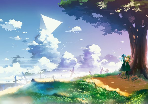 Anime picture 1052x744 with touhou cirno daiyousei fs-project (artist) short hair red eyes multiple girls blue hair sky cloud (clouds) ponytail green hair side ponytail scenic girl dress ribbon (ribbons) 2 girls plant (plants) animal