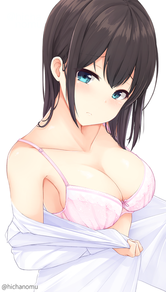Anime picture 740x1292 with original hicha nomu single long hair tall image blush breasts light erotic simple background brown hair large breasts white background signed upper body aqua eyes from above open shirt twitter username sideboob undressing