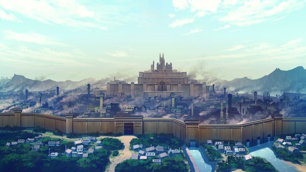 Anime picture 1280x720 with madou koukaku eushully wide image game cg sky cloud (clouds) smoke mountain landscape river wall castle