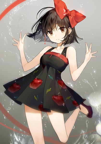 Anime picture 700x1000 with original sorolp single tall image looking at viewer fringe short hair black hair simple background bare shoulders brown eyes signed ahoge bent knee (knees) grey background leg lift (legs lift) food print girl dress bow