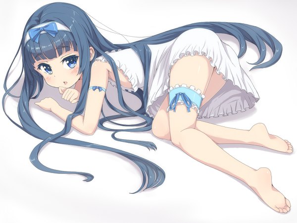 Anime picture 1200x900 with original kimagure blue single long hair looking at viewer blush fringe open mouth blue eyes light erotic white background blue hair blunt bangs very long hair barefoot shadow reclining girl dress belt