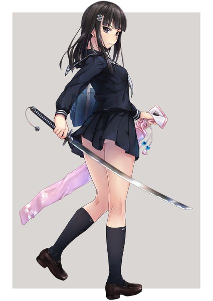 Anime picture 1075x1518 with original joshikou sei shisa ma shi (tori@gununu) tori@gununu single long hair tall image looking at viewer light erotic black hair black eyes girl skirt uniform weapon miniskirt sword socks serafuku shoes katana