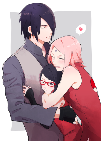 Anime picture 770x1072 with naruto studio pierrot naruto (series) uchiha sasuke haruno sakura uchiha sarada shigegigi tall image blush fringe short hair black hair smile bare shoulders multiple girls pink hair eyes closed one eye closed black eyes hair over one eye