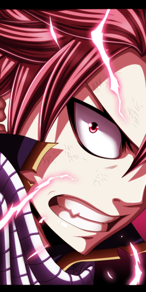 Anime picture 600x1193 with fairy tail natsu dragneel ifeergirl single tall image short hair simple background pink hair pink eyes grin coloring magic close-up pink background face angry electricity boy scarf