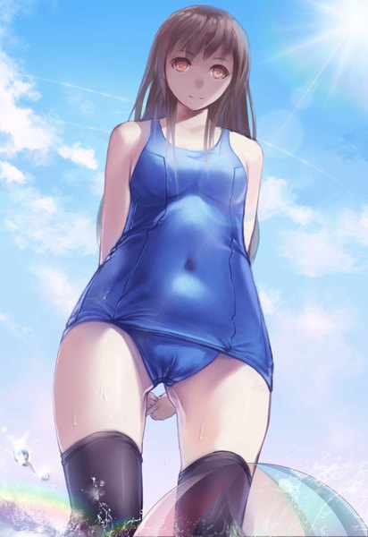 Anime picture 2127x3093 with original mou kankan (tims1111) single long hair tall image highres light erotic smile brown hair standing bare shoulders brown eyes sky cloud (clouds) sunlight hands behind back sunbeam girl thighhighs black thighhighs