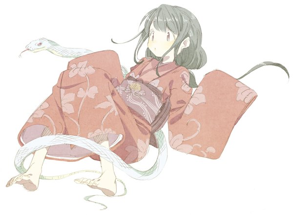 Anime picture 1000x736 with original abara heiki single long hair blush fringe open mouth simple background white background traditional clothes japanese clothes barefoot dark hair girl kimono toes snake