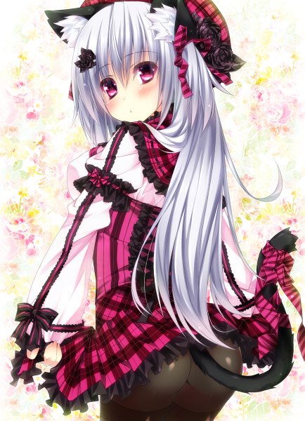 Anime picture 868x1200 with original oziko (ojitcha) ojitcha single long hair tall image light erotic purple eyes animal ears silver hair ass tail animal tail cat ears cat girl cat tail two side up plaid skirt girl dress