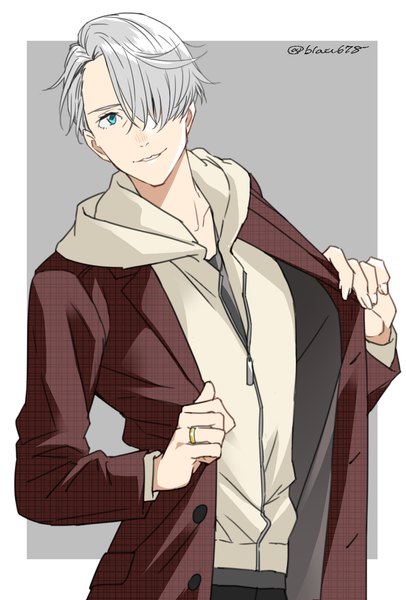 Anime picture 727x1074 with yuri!!! on ice mappa viktor nikiforov natsuko (bluecandy) single tall image fringe short hair simple background smile looking away silver hair upper body aqua eyes hair over one eye grey background boy hood ring coat