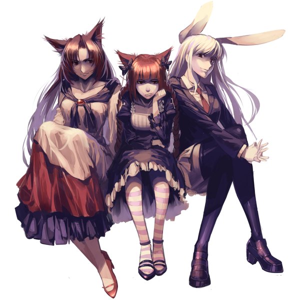 Anime picture 2050x2050 with touhou reisen udongein inaba kaenbyou rin imaizumi kagerou ruukii drift long hair looking at viewer fringe highres smile brown hair white background sitting multiple girls brown eyes animal ears white hair long sleeves pleated skirt cat ears