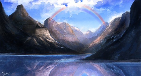 Anime picture 2880x1560 with original tlrose highres wide image sky cloud (clouds) inscription mountain nature sea rainbow