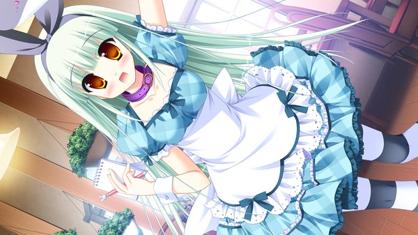 Anime picture 1280x720 with diamic days lump of sugar himenogawa kotora sesena yau single long hair open mouth wide image game cg green hair maid loli orange eyes girl thighhighs striped thighhighs