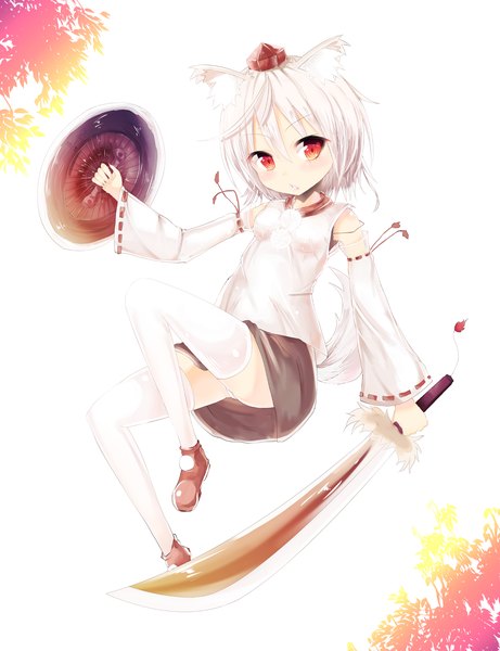 Anime picture 1680x2185 with touhou inubashiri momiji ryuuichi (pixiv) single tall image looking at viewer blush short hair red eyes animal ears white hair animal tail jumping girl thighhighs skirt weapon detached sleeves miniskirt white thighhighs