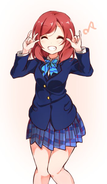 Anime picture 700x1200 with love live! school idol project sunrise (studio) love live! nishikino maki patisurotto single tall image short hair open mouth simple background white background pink hair eyes closed pleated skirt plaid skirt victory happy clenched teeth girl skirt