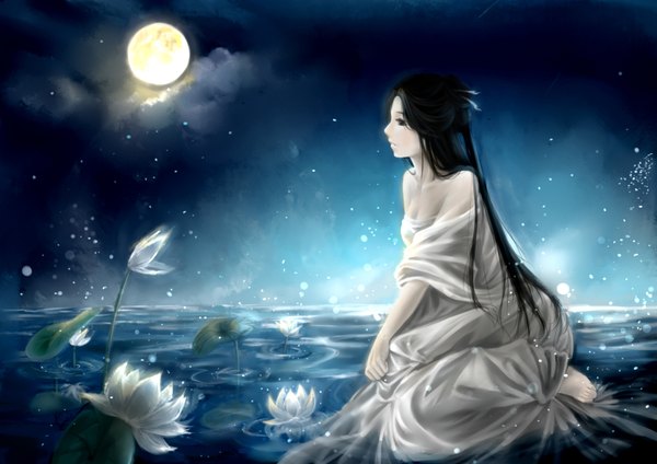 Anime picture 3507x2480 with original clouble single long hair highres black hair absurdres cloud (clouds) profile black eyes night girl dress flower (flowers) water moon