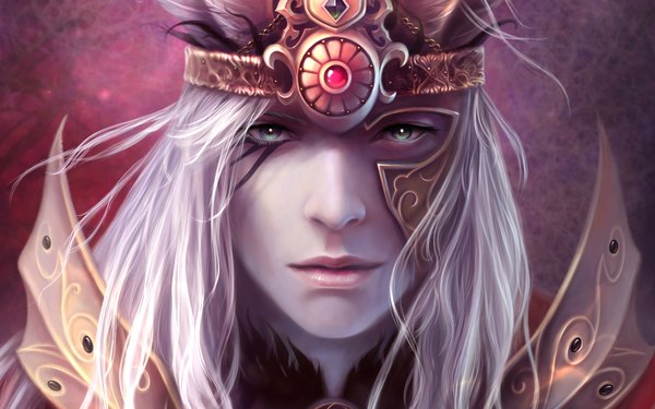 Anime picture 1920x1200 with tagme (character) nakai wen highres wide image green eyes white hair lips tattoo face boy armor feather (feathers) crown