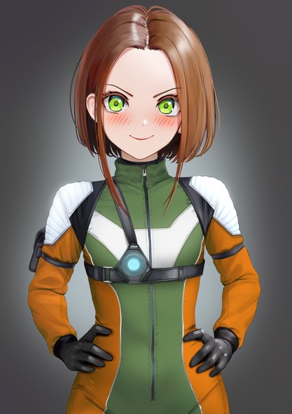 Anime picture 2480x3508 with original jubi (regiana) single tall image looking at viewer blush highres short hair simple background smile brown hair green eyes grey background gradient background hands on hips girl gloves black gloves zipper pilot suit
