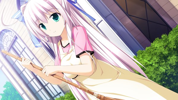 Anime picture 1280x720 with endless dungeon note rueme kinta (distortion) single long hair blue eyes wide image game cg white hair girl dress ribbon (ribbons) hair ribbon broom