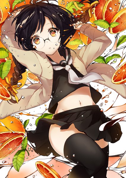 Anime picture 2507x3541 with original sogawa single long hair tall image looking at viewer highres light erotic black hair bent knee (knees) braid (braids) parted lips pleated skirt arms up orange eyes zettai ryouiki single braid messy hair thighhighs skirt