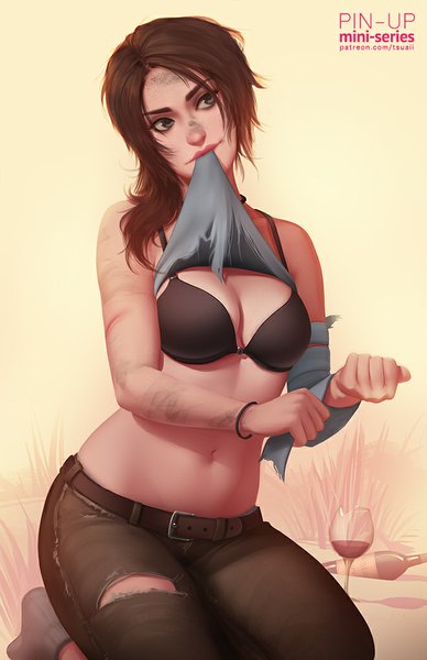 Anime picture 660x1020 with tomb raider lara croft tsuaii single long hair tall image breasts light erotic brown hair brown eyes looking away realistic torn clothes dirty girl navel bracelet belt lingerie bra