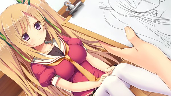 Anime picture 1280x720 with aisare roommate shidou aisha long hair blonde hair wide image sitting purple eyes game cg girl thighhighs uniform ribbon (ribbons) hair ribbon school uniform white thighhighs necktie