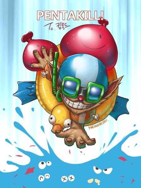 Anime picture 768x1024 with league of legends ziggs (league of legends) nestkeeper single tall image smile animal ears goggles swim ring swim cap
