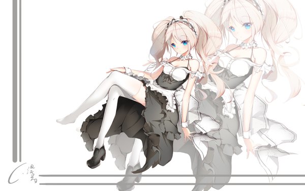 Anime picture 1500x938 with original niharu single long hair blue eyes twintails bare shoulders looking away white hair crossed legs zoom layer girl thighhighs dress white thighhighs