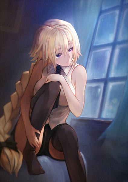 Anime picture 706x1000 with fate (series) fate/apocrypha jeanne d'arc (fate) (all) jeanne d'arc (fate) teko single long hair tall image blush fringe light erotic blonde hair hair between eyes sitting purple eyes looking away bent knee (knees) indoors braid (braids) blurry