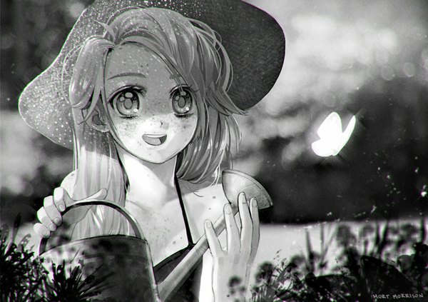 Anime picture 800x565 with mort morrison single long hair holding outdoors fingernails lips monochrome happy eyebrows girl plant (plants) hat insect butterfly straw hat watering can