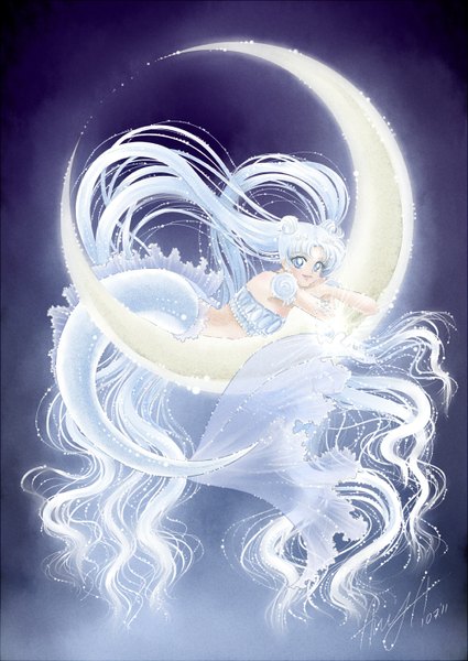Anime picture 1000x1412 with bishoujo senshi sailor moon toei animation princess serenity single long hair tall image blue eyes simple background smile twintails signed sky silver hair lying night night sky light crescent monsterification girl