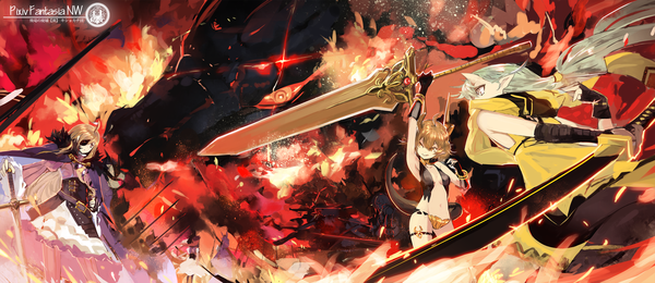 Anime picture 2400x1043 with original pixiv fantasia pixiv fantasia new world saberiii long hair highres short hair light erotic brown hair wide image bare shoulders multiple girls yellow eyes cleavage ahoge ponytail red hair horn (horns) green hair single braid