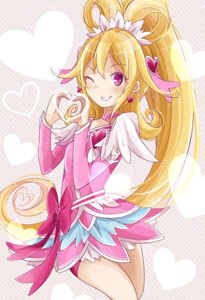 Anime picture 1024x1500 with precure dokidoki! precure toei animation aida mana cure heart sumi mi single long hair tall image looking at viewer blush blonde hair smile one eye closed pink eyes wink heart hands girl dress hair ornament