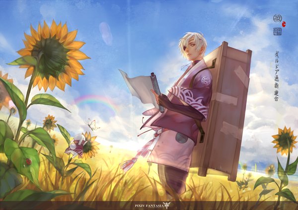 Anime picture 1000x707 with original pixiv fantasia pixiv fantasia sword regalia axis (artist) single short hair red eyes sky cloud (clouds) white hair japanese clothes inscription hieroglyph field boy flower (flowers) insect butterfly eyepatch sun