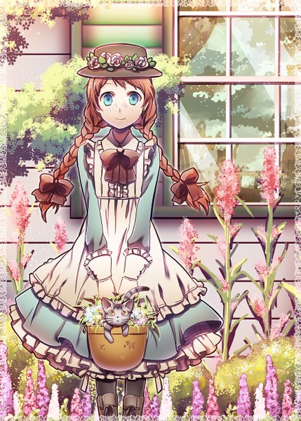 Anime picture 874x1221 with anne of green gables nippon animation anne shirley suou sakura single long hair tall image looking at viewer blue eyes smile brown hair braid (braids) twin braids freckles girl dress flower (flowers) hat animal window