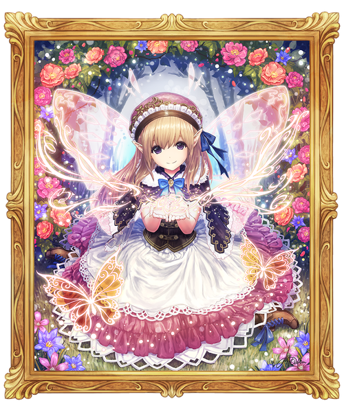 Anime picture 938x1125 with original mimero (mi meronpan) single long hair tall image fringe blonde hair smile hair between eyes sitting purple eyes full body pointy ears framed lacing insect wings butterfly wings girl dress flower (flowers)